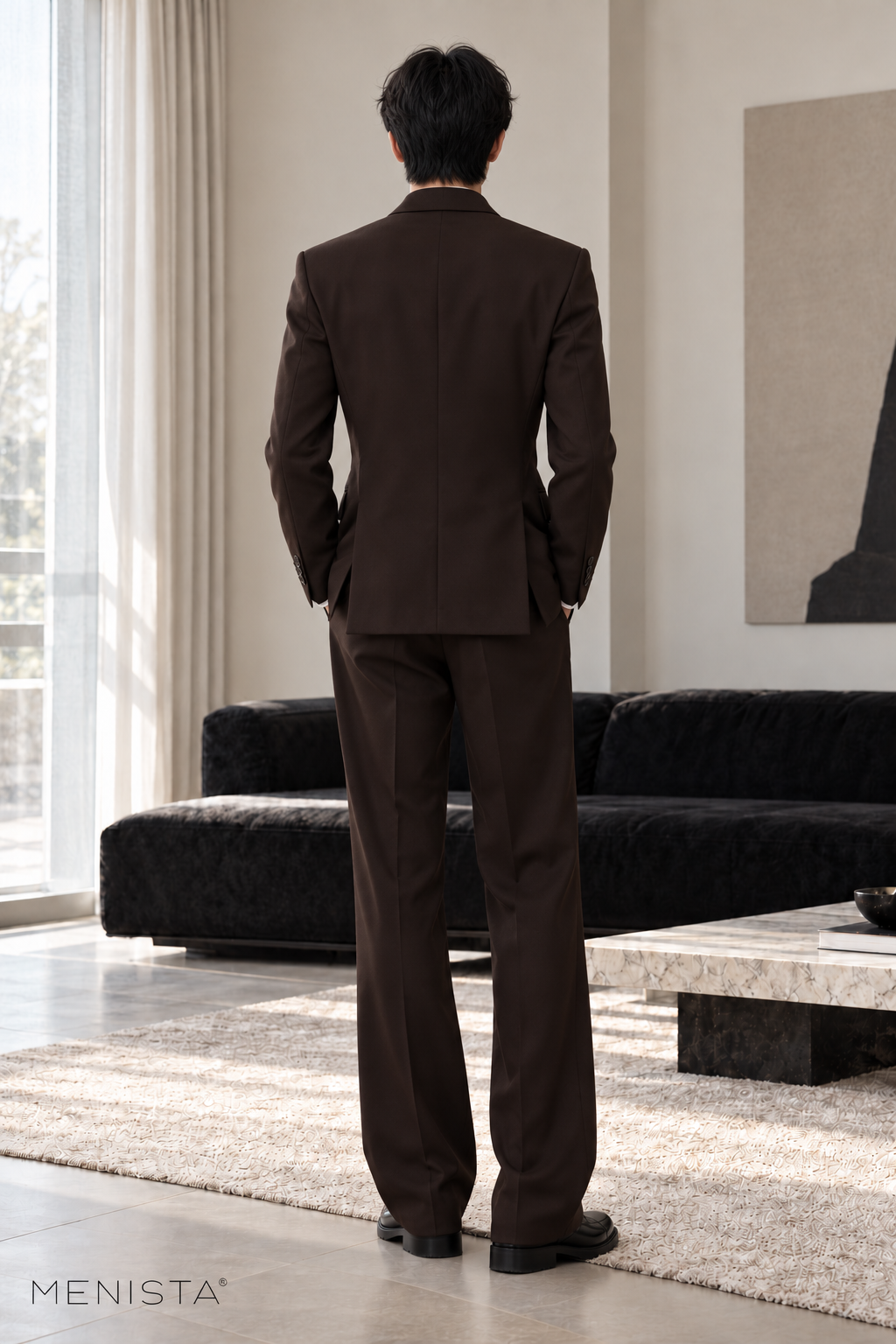 Hadrian Espresso Brown Asymmetric Wrap 2PC Suit - full-body back with two side vents