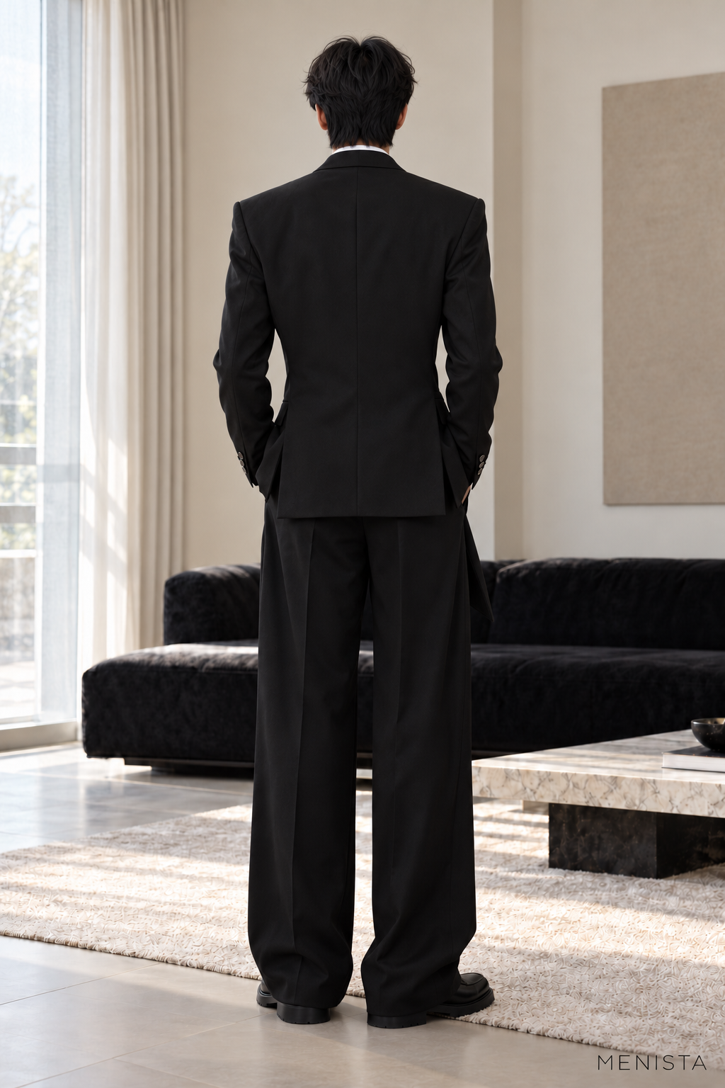 Darian Black Asymmetric Draped 2PC Suit - full-body back with two side vents