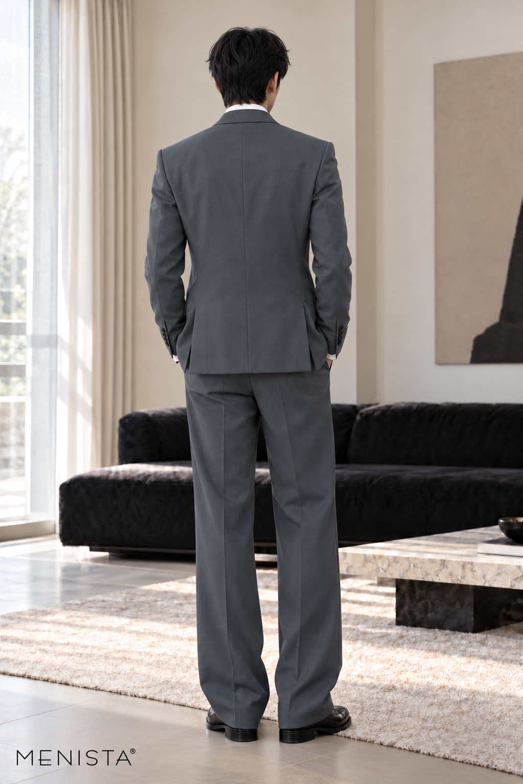 Theron Steel Grey Peak-Lapel 3PC Suit - full-body back with two side vents