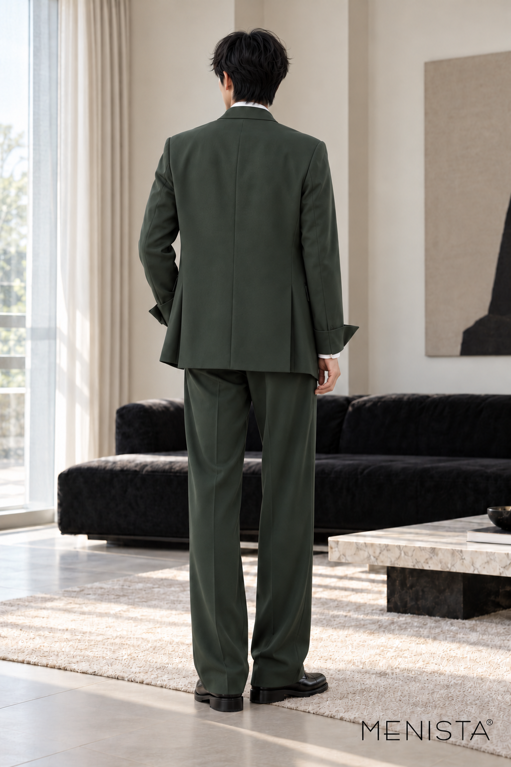 Isandro Forest Green Wrap-Front 2PC Suit - full-body back with two side vents