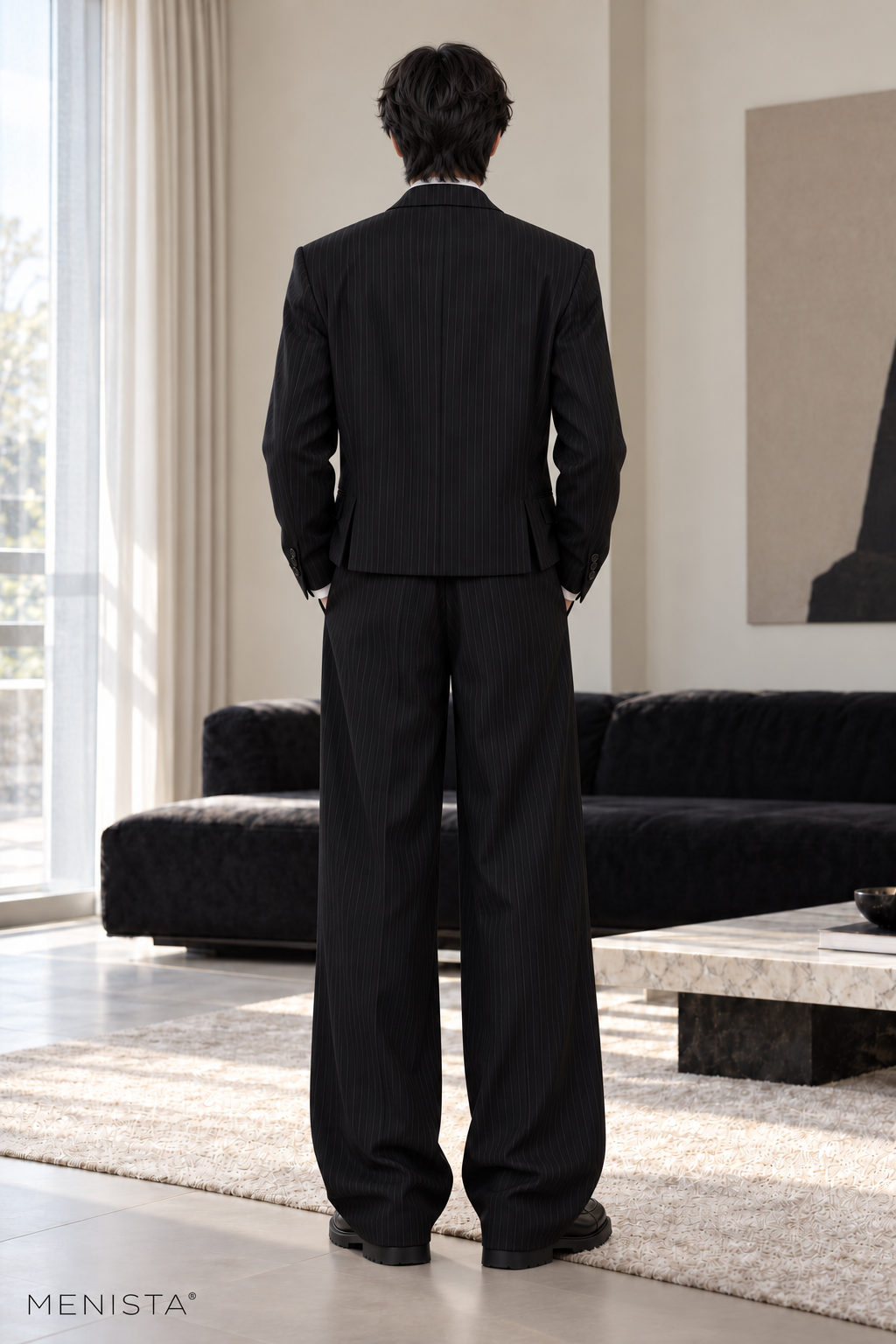 Jovian Black Pinstripe Cropped Double-Breasted 2PC Suit - full-body back with two side vents
