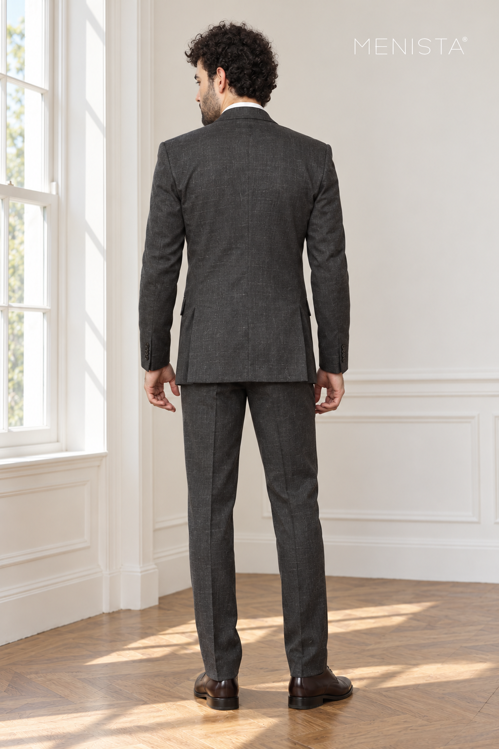 Ombra Dark Charcoal 100% Linen 3PC Suit — full-body back view showing double vents