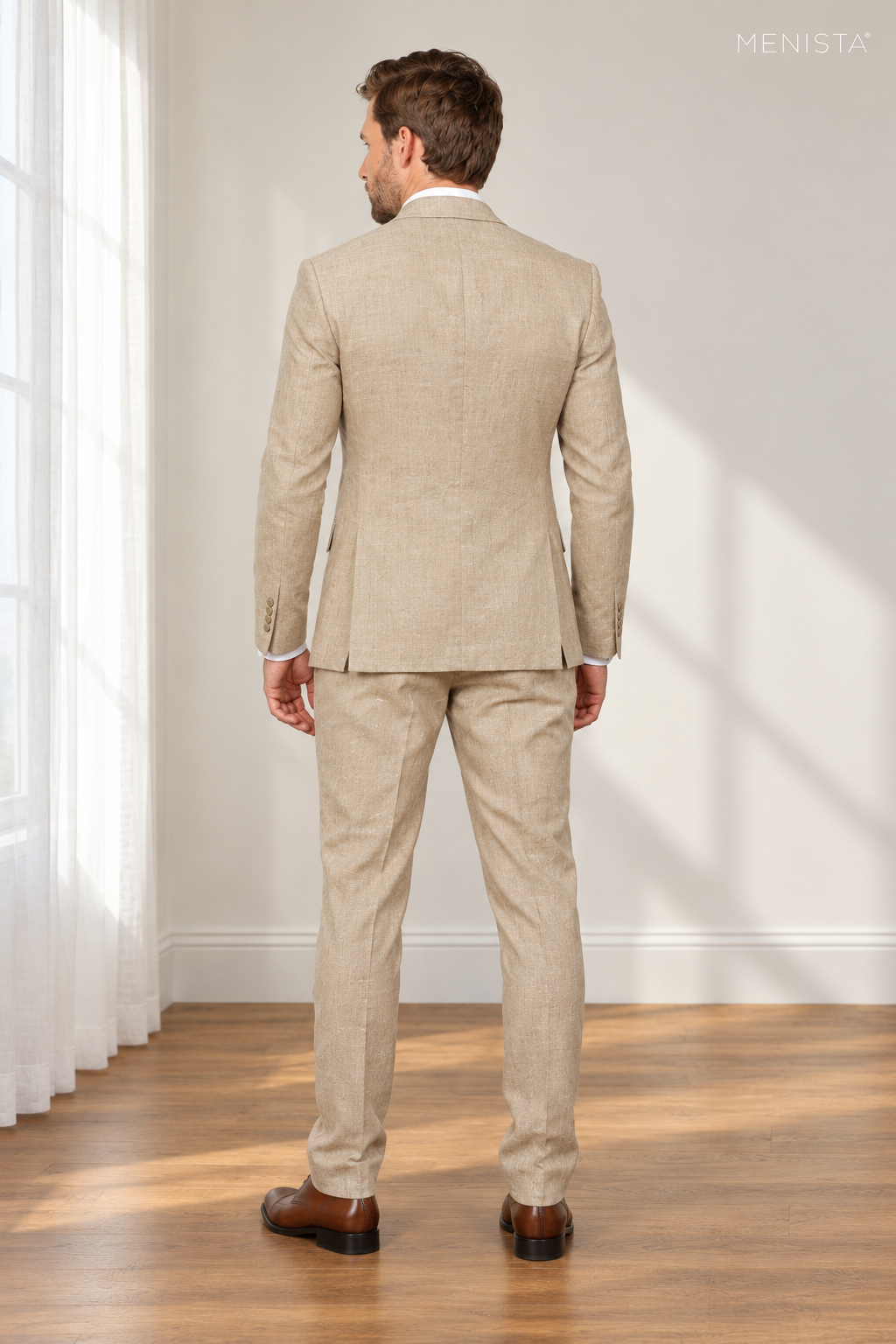 Sabbia Natural Beige 100% Linen 3PC Suit — full-body back view showing double vents