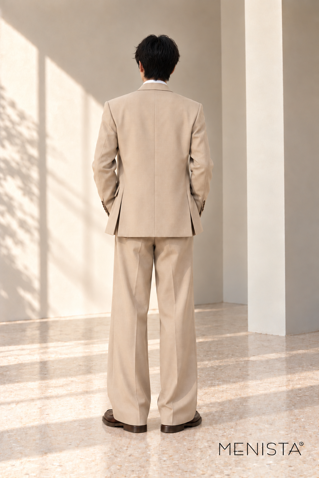 Ravello Beige Relaxed Wide-Leg 2PC Suit - full-body back with two side vents