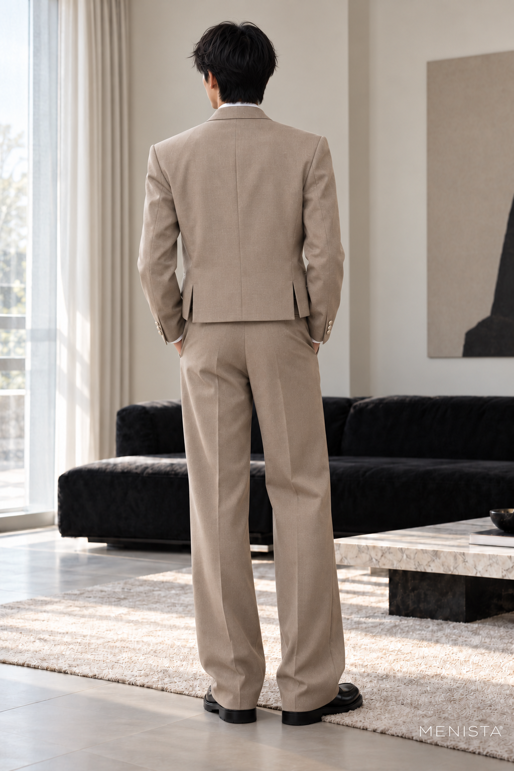 Emric Taupe Cropped Double-Breasted 2PC Suit - full-body back with two side vents