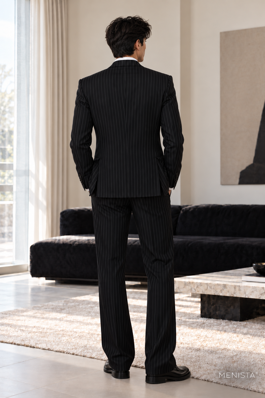 Valerio Black Pinstripe 3PC Suit - full-body back with two side vents