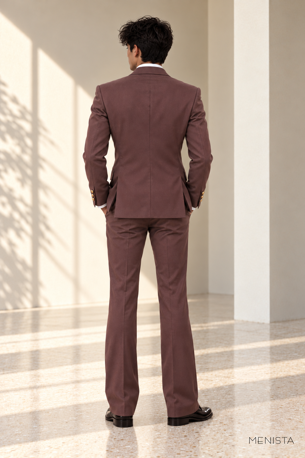 Gavriel Mauve Brown Gold-Button Double-Breasted 2PC Suit - full-body back with two side vents