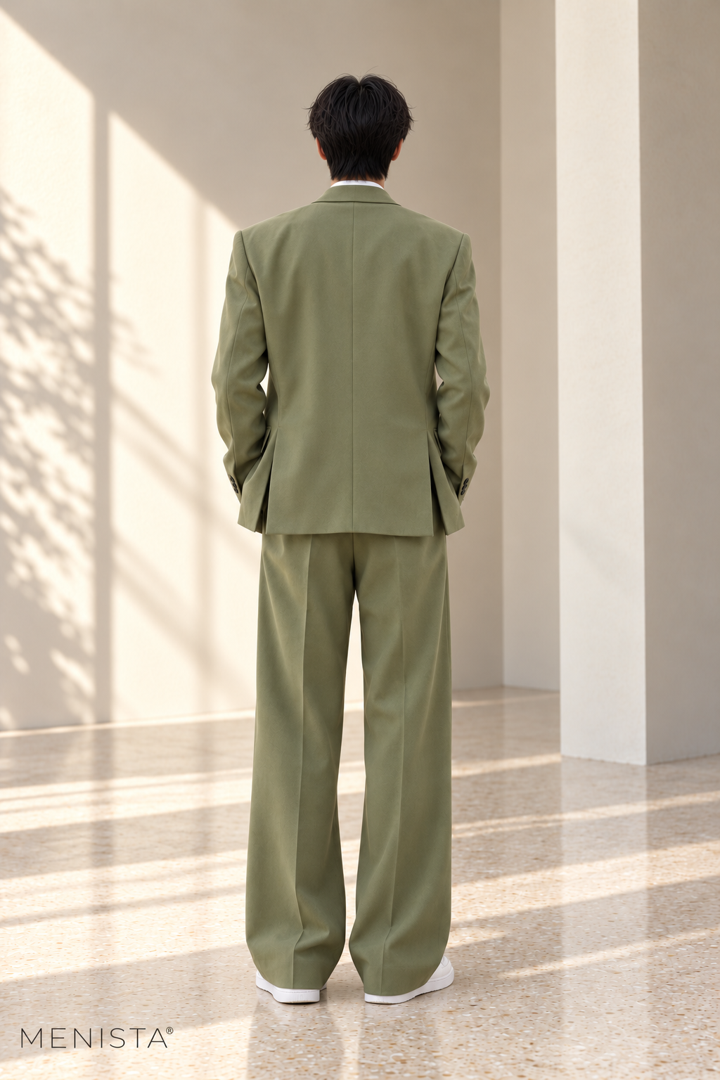 Iver Sage Green Relaxed Double-Breasted 2PC Suit - full-body back with two side vents