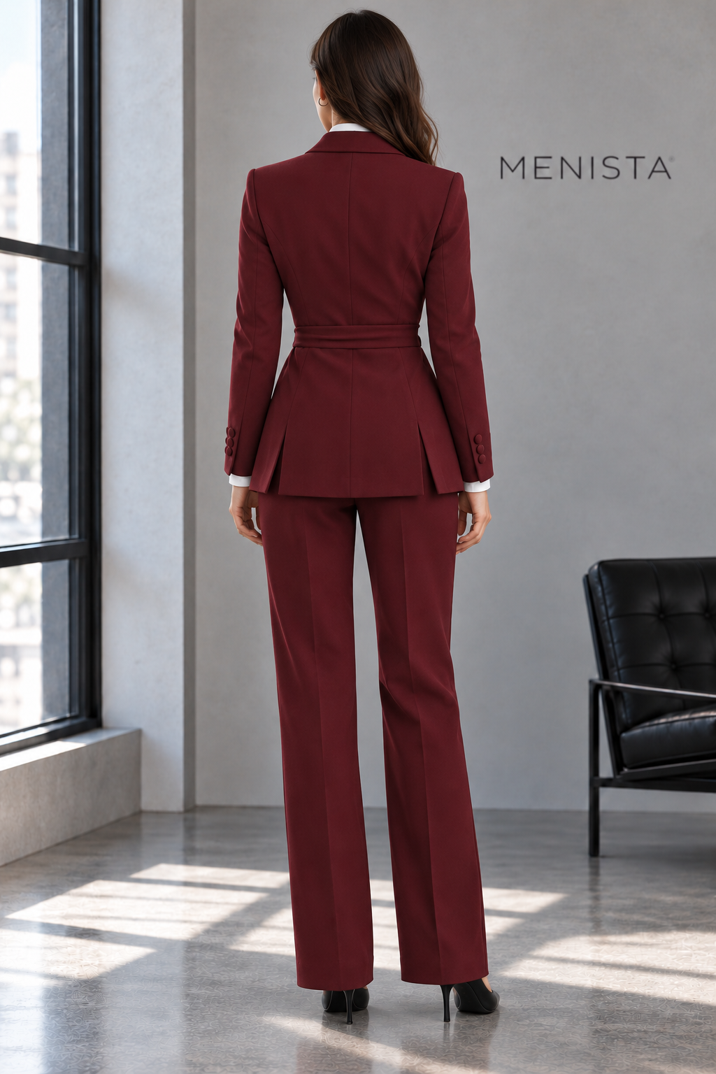 Back view of Lucienne jacket with twin side vents and matching trousers.