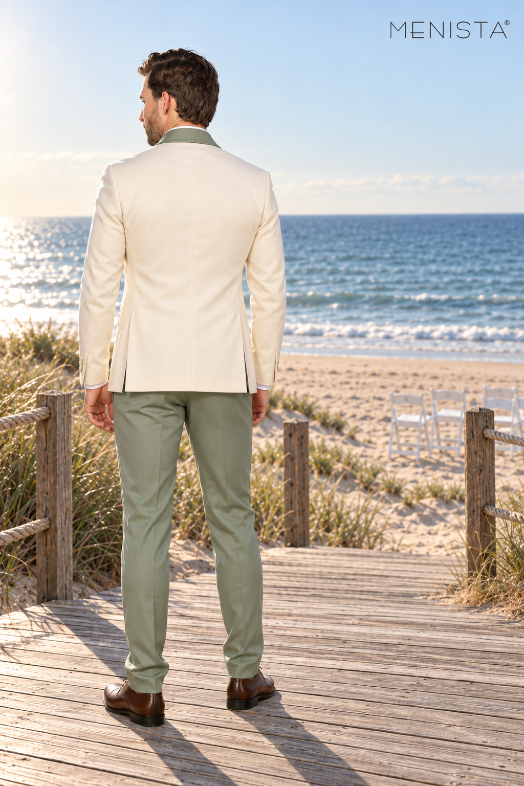 Full back view of Menista ivory jacket with sage collar, twin side vents and matching sage trousers.