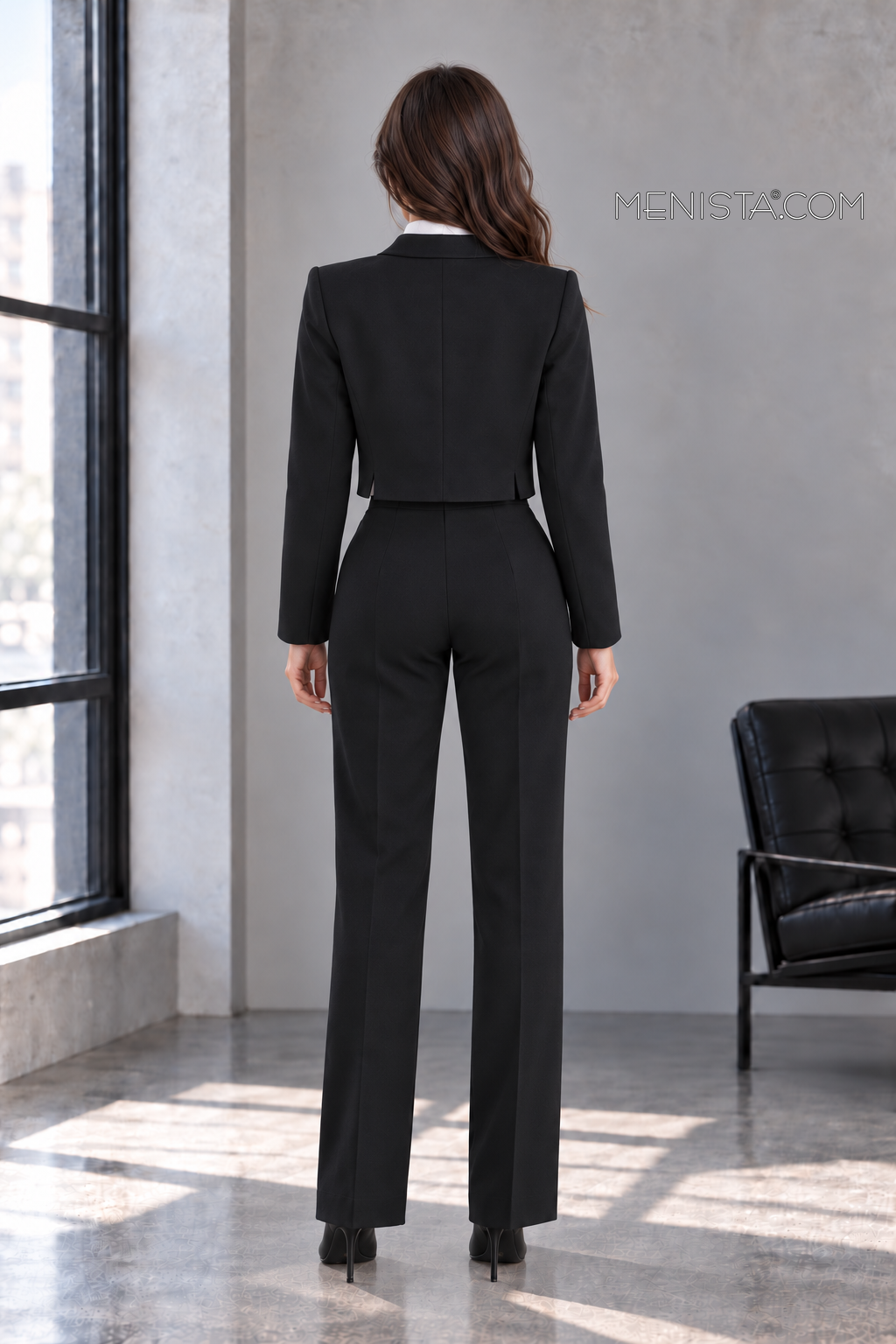 Back view of Isolde jacket with twin rear side vents and matching trousers.