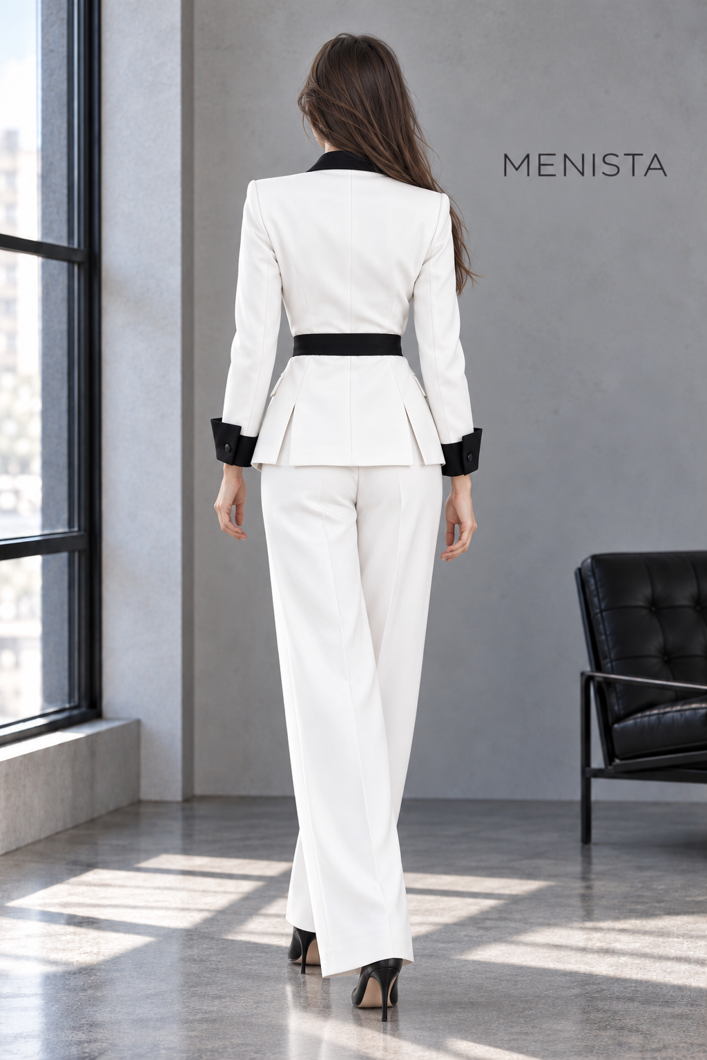 Back view of Aveline jacket with twin side vents and matching trousers.