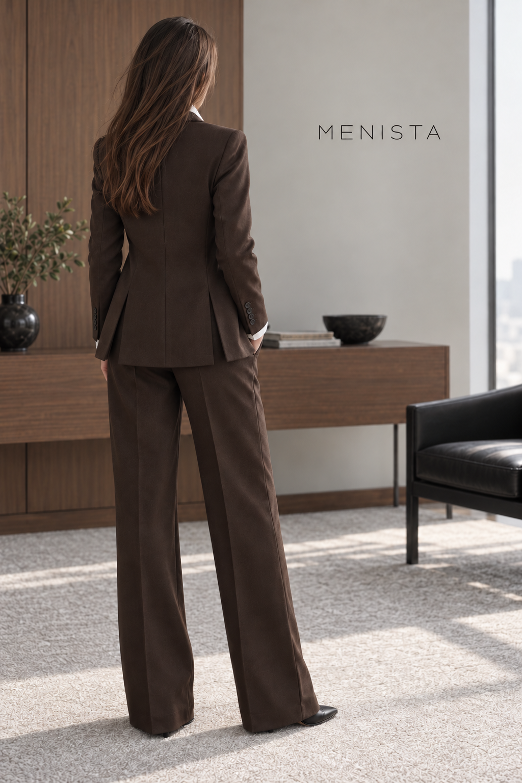 Back view of the chocolate-brown women’s blazer with twin side vents and matching wide-leg trousers.