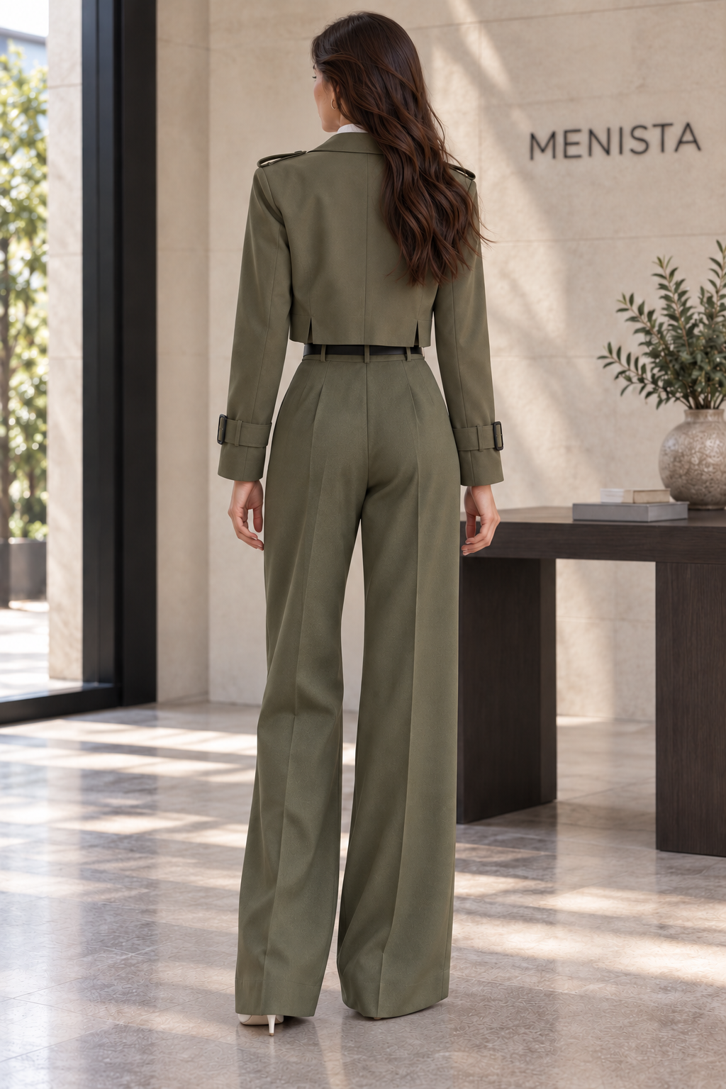 Menista women’s olive cropped trench two-piece suit — full-length rear view showing twin jacket side vents.