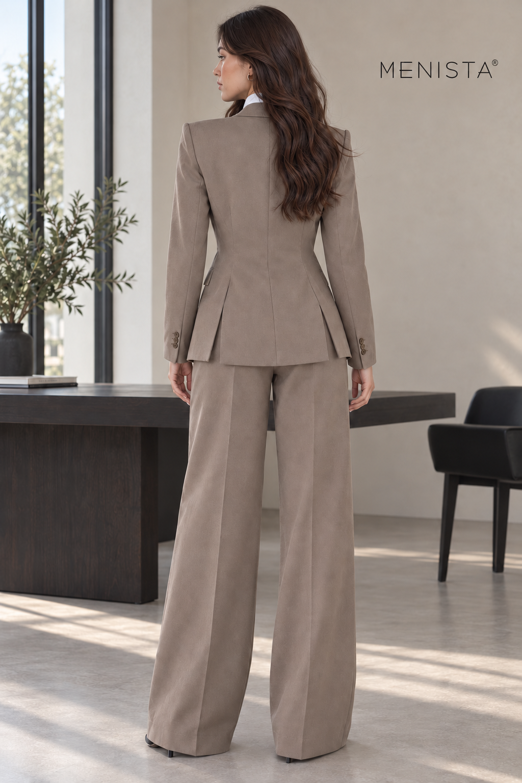 Menista women’s taupe pleated-waist wide-leg two-piece suit — full-length rear view showing twin jacket side vents.