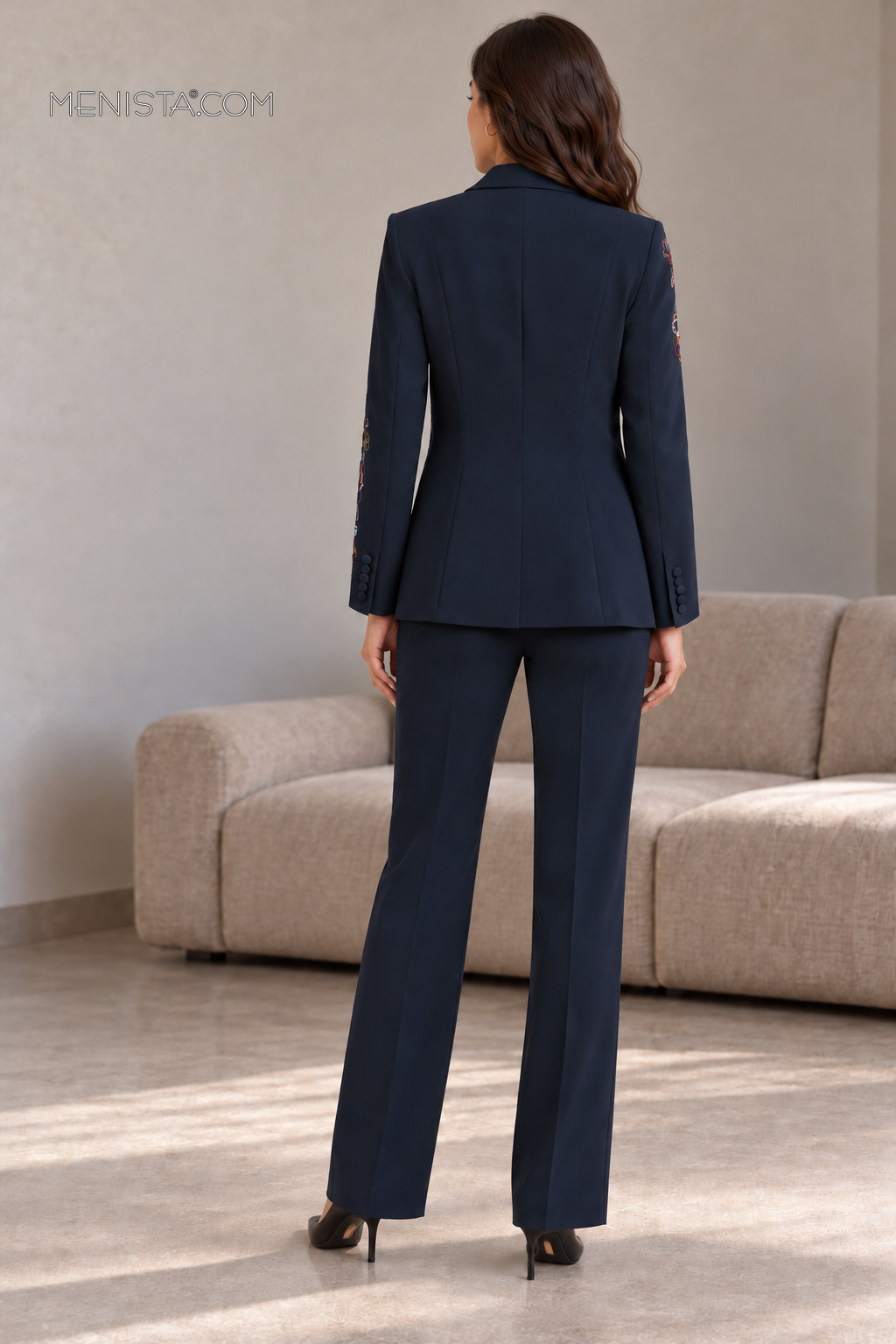 Nerelle Navy Floral Embroidered 2PC Suit - full-body back