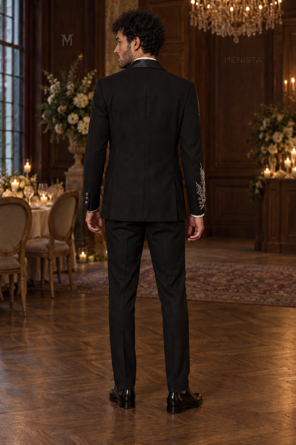 Full back view of Leonis black tuxedo with double side vents