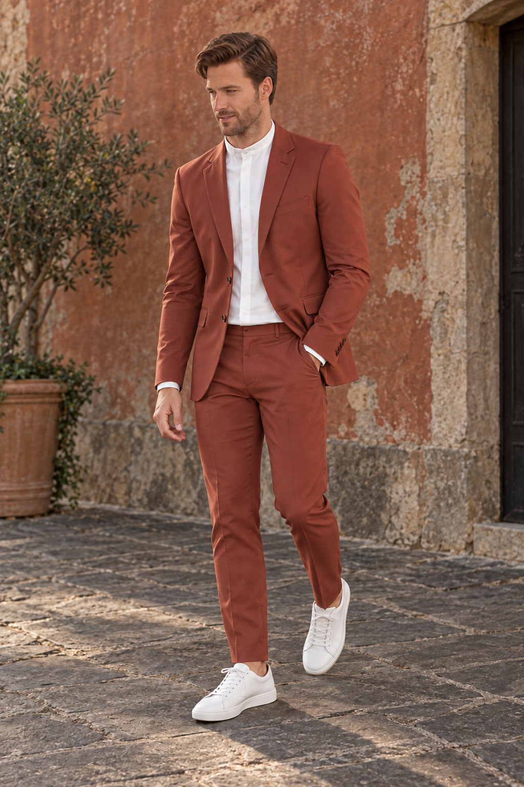 Full-body view of the Madero rust terracotta two-piece suit with two-button notch-lapel jacket, matching trousers and white shoes.