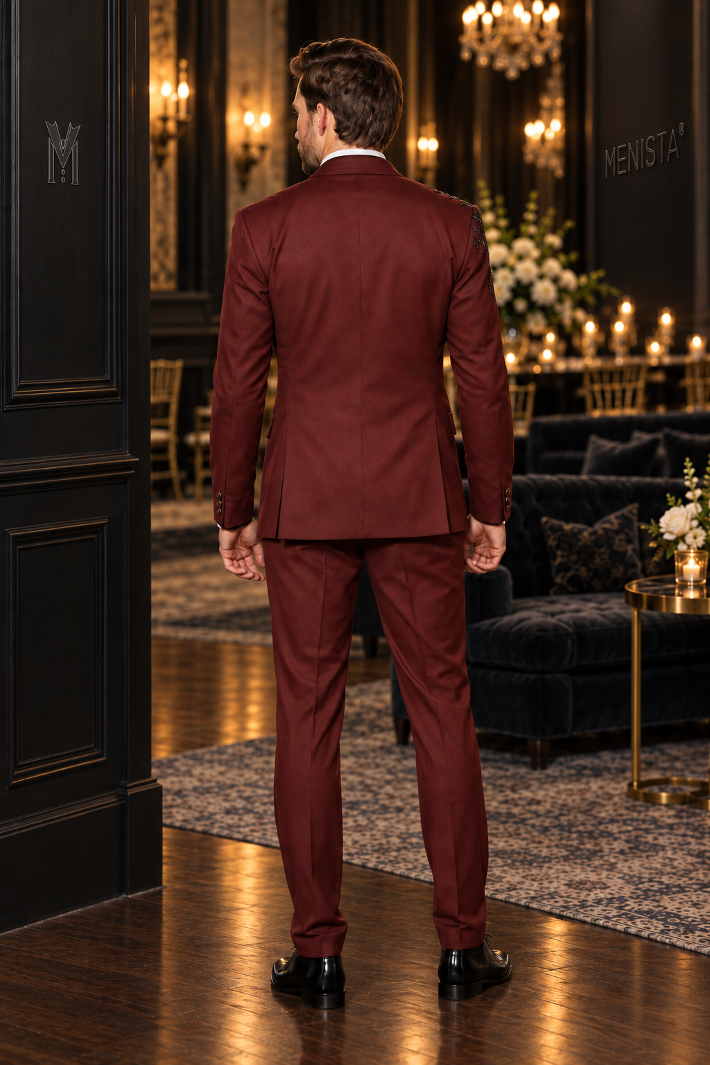 Full back view of the Valen burgundy tuxedo showing the plain jacket back, double vents and matching trousers