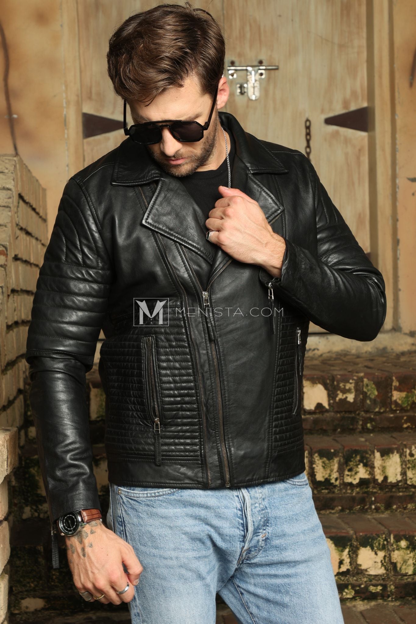 Menista Men's Black Leather Biker Jacket - Stylish and Contemporary Design