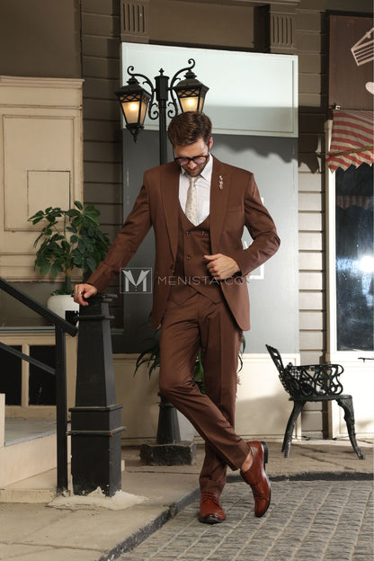 Stylish Brown 3-Piece Suit by Menista – Single-Breasted, Elegant Men's Formal Suit