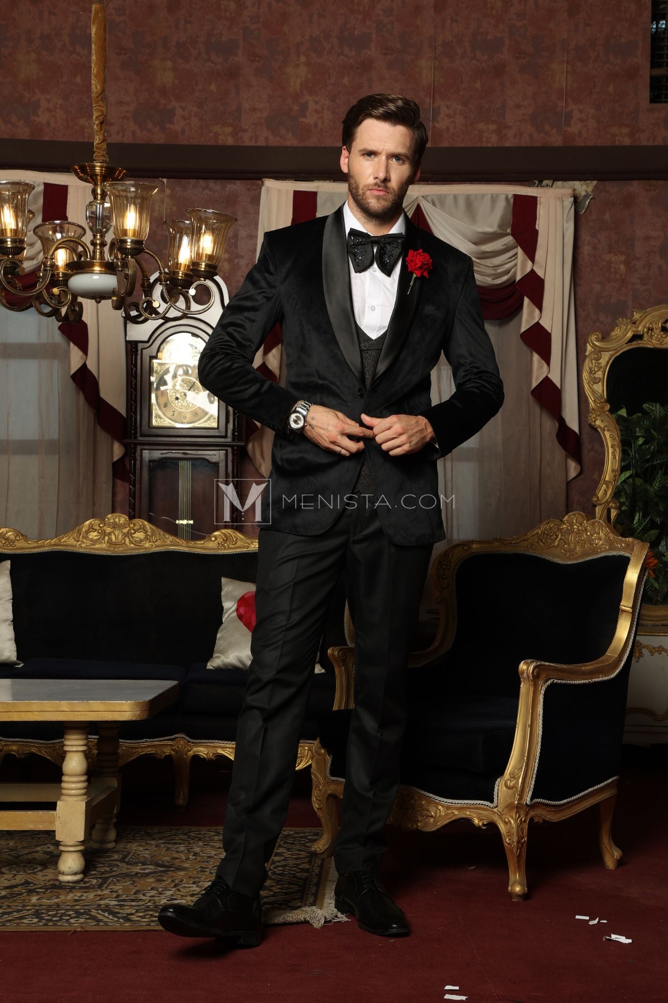 Luxurious Velvet Black Suit for Men with Rose Lapel Pin – Ideal for Weddings and Special Events | Menista