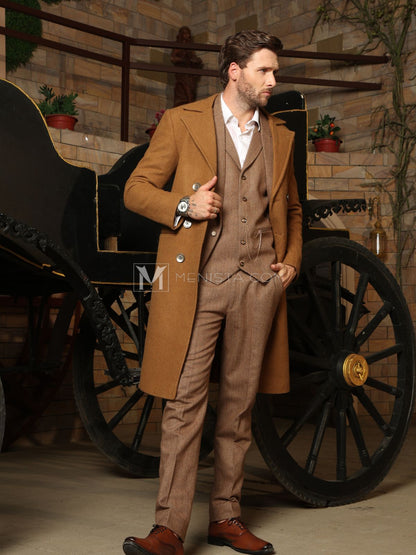 Brown Men’s Long Coat by Menista - Classic Tailored Fit for Refined Style