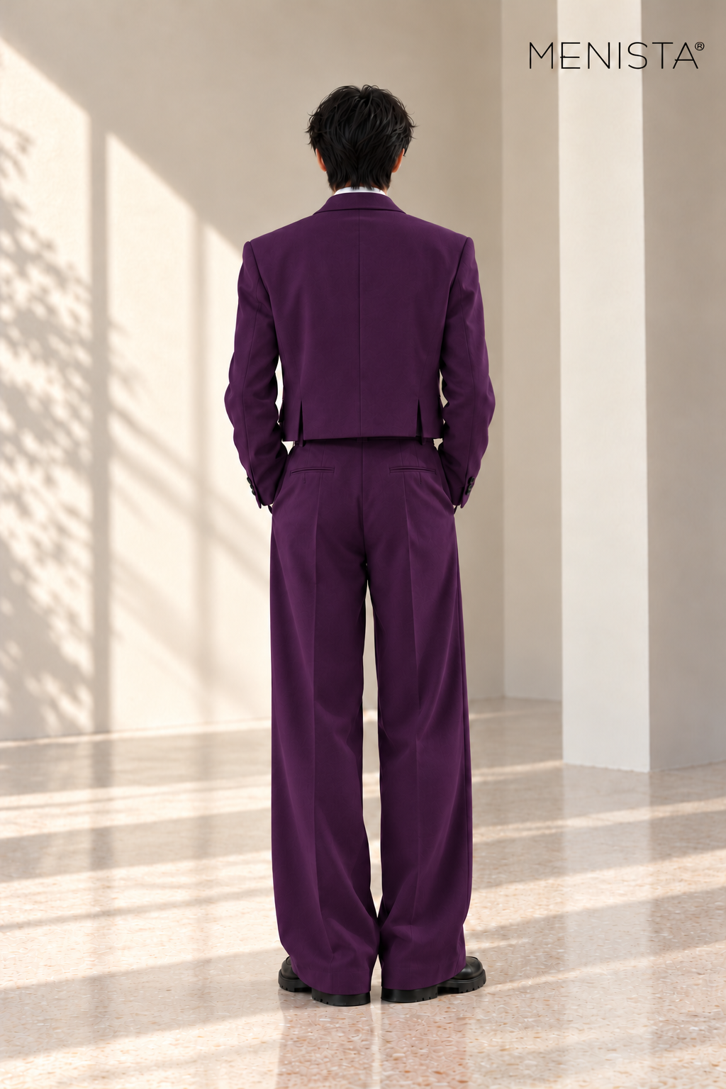 Oren Dark Purple Cropped Wide-Leg 2PC Suit - full-body back with two side vents