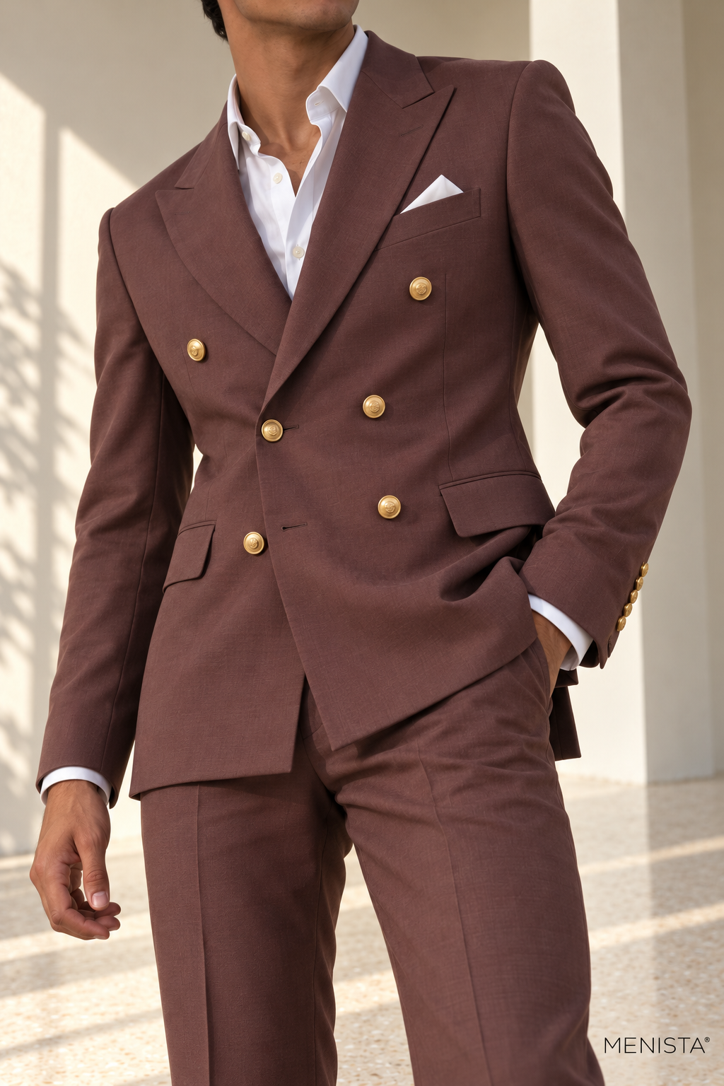 Gavriel Mauve Brown Gold-Button Double-Breasted 2PC Suit - garment close-up showing tailoring details