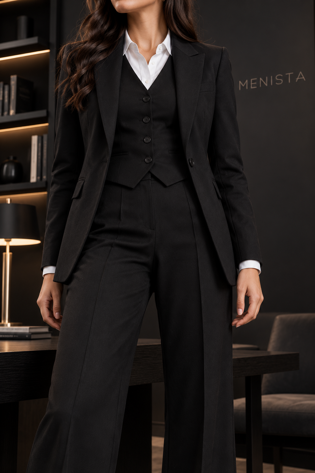 Close-up of women’s black notch-lapel jacket, four-button waistcoat and matching wide-leg trousers, showing lapels and tailored construction.