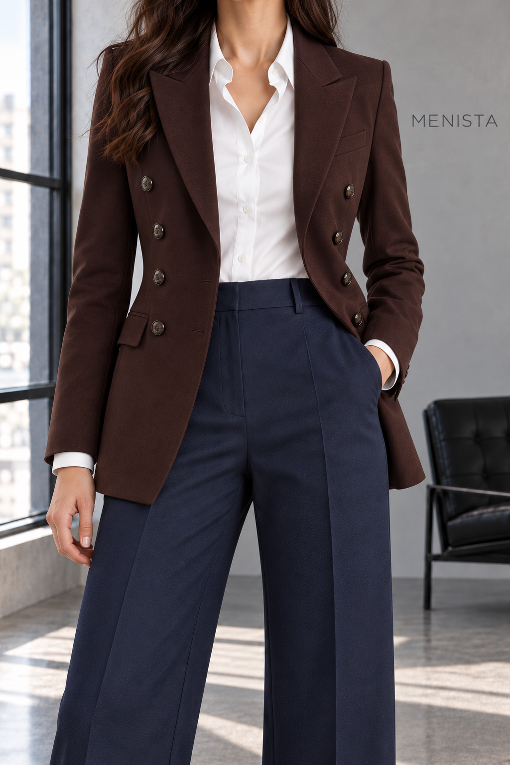 Close-up of Evelina jacket lapels, fastening, fabric and seams.