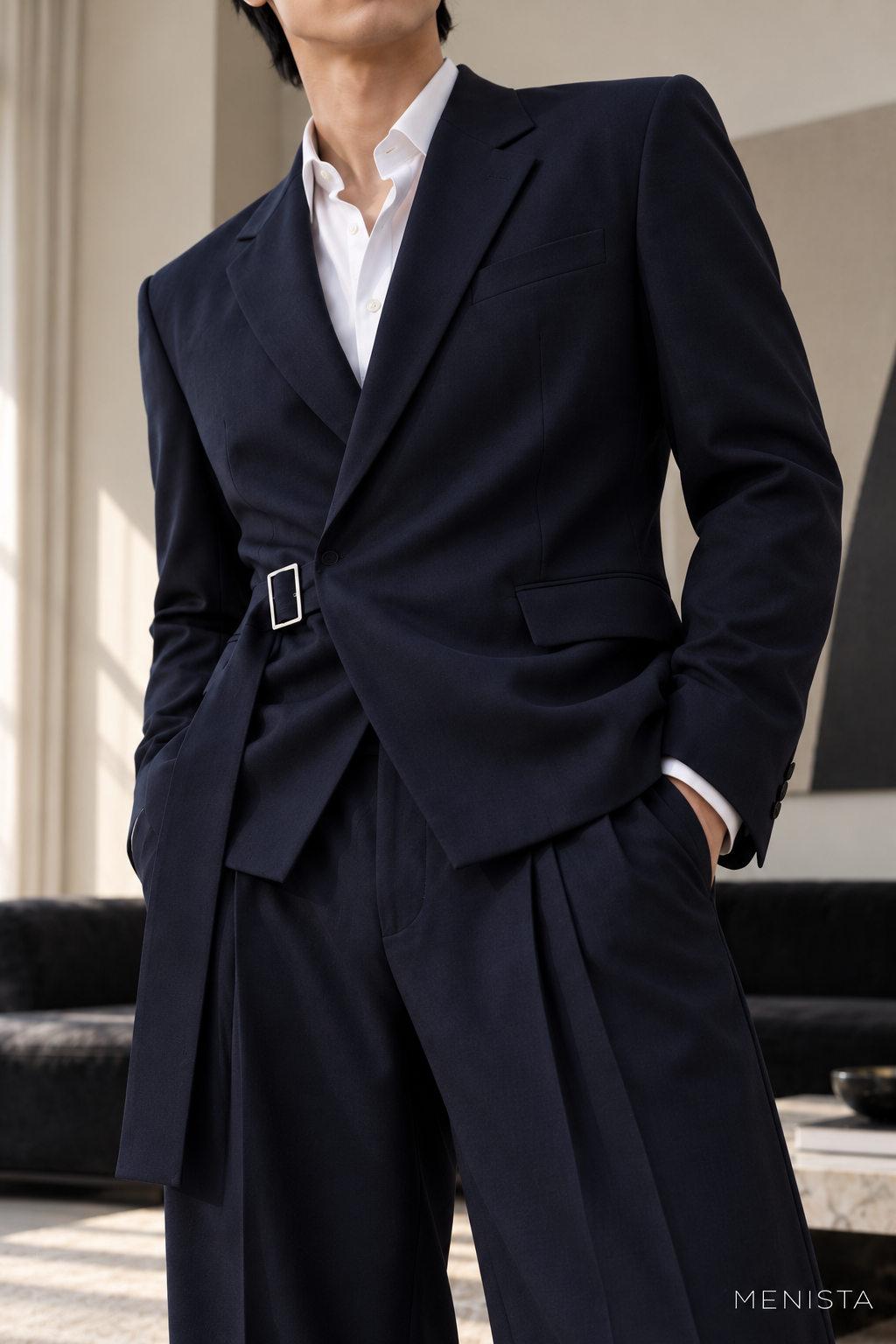 Osric Navy Buckle-Wrap Wide-Leg 2PC Suit - garment close-up showing tailoring details
