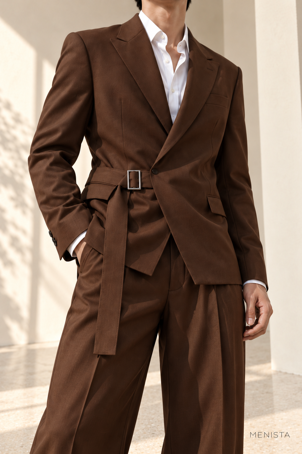 Marek Chocolate Brown Buckle-Wrap Wide-Leg 2PC Suit - garment close-up showing tailoring details
