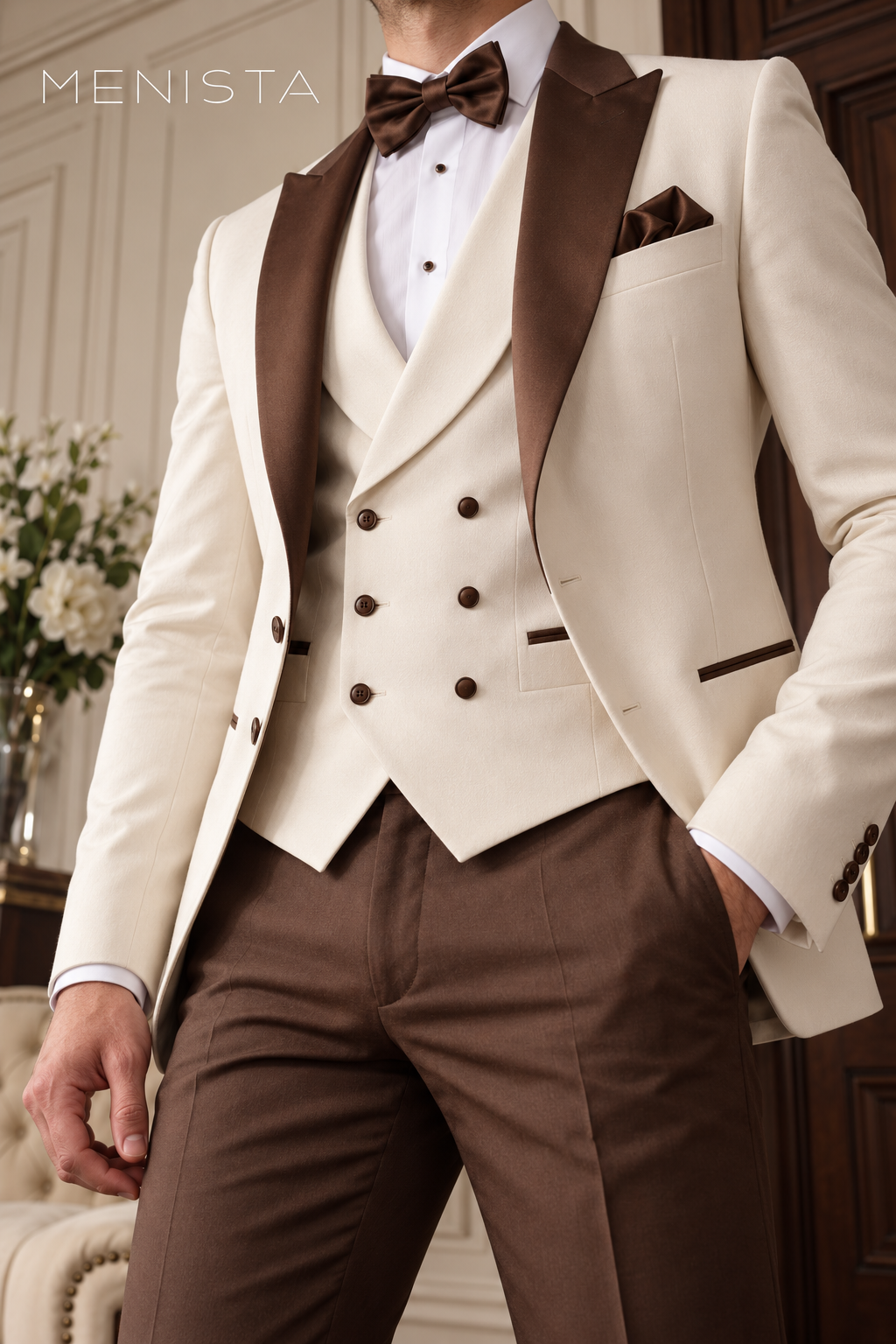 Close-up of Menista ivory suit showing brown satin peak lapels, two jacket buttons and six paired-row waistcoat buttons.