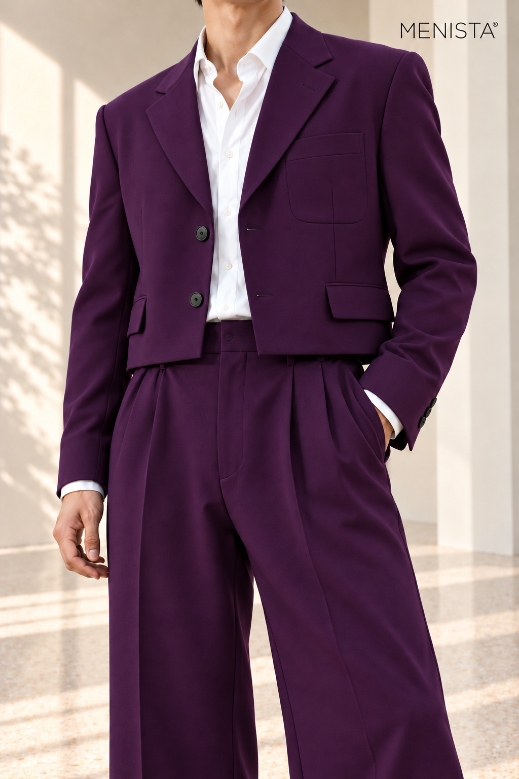 Oren Dark Purple Cropped Wide-Leg 2PC Suit - garment close-up showing tailoring details