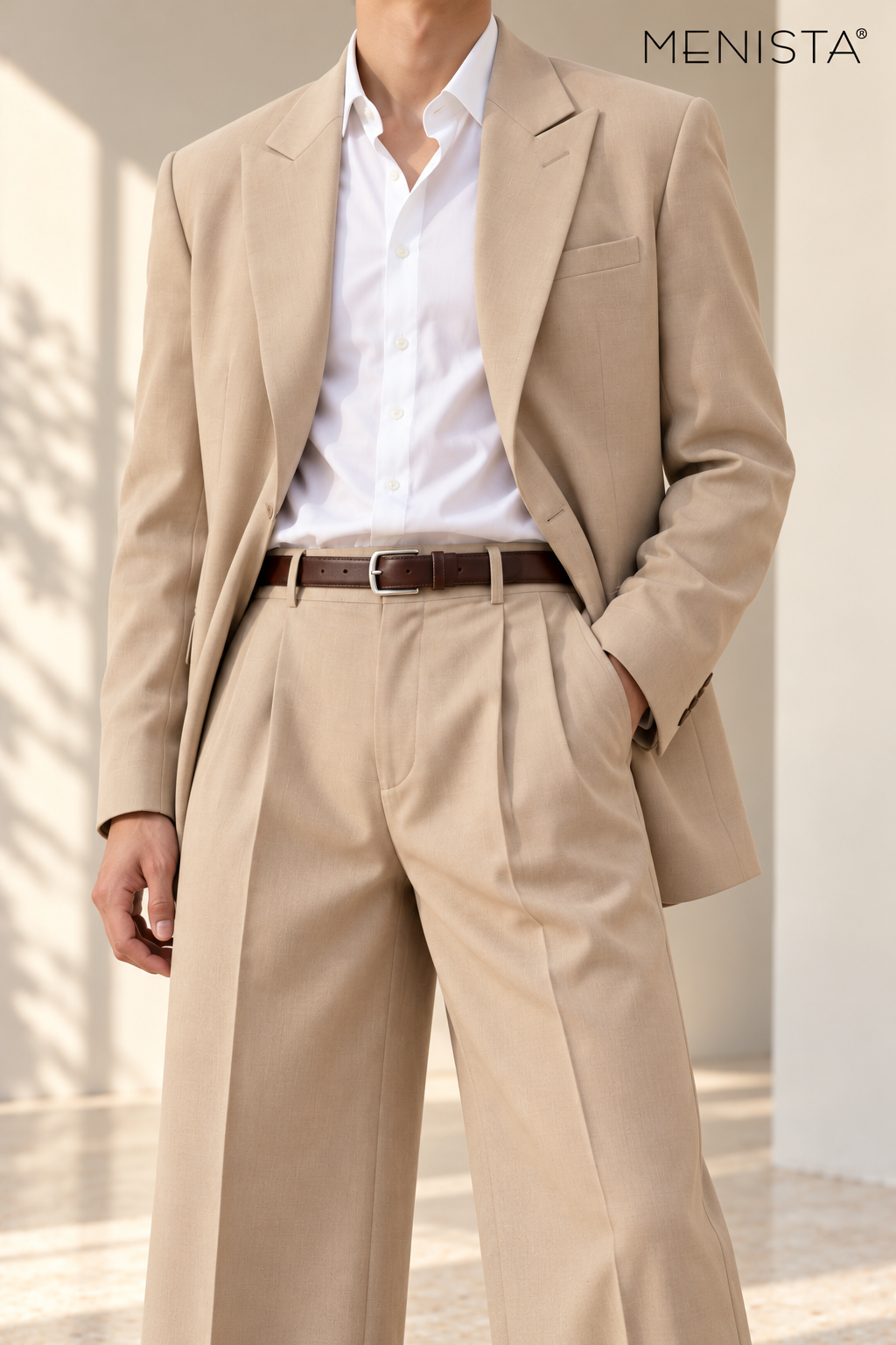 Ravello Beige Relaxed Wide-Leg 2PC Suit - garment close-up showing tailoring details