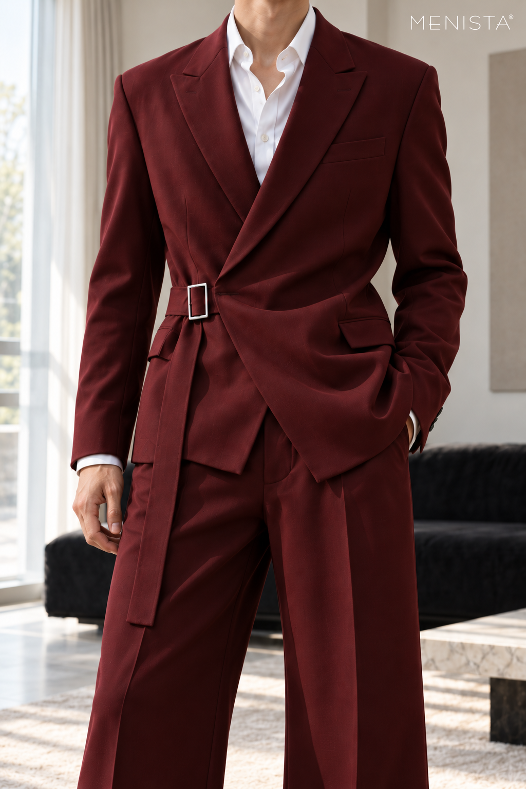 Dacian Burgundy Buckle-Wrap Wide-Leg 2PC Suit - garment close-up showing tailoring details