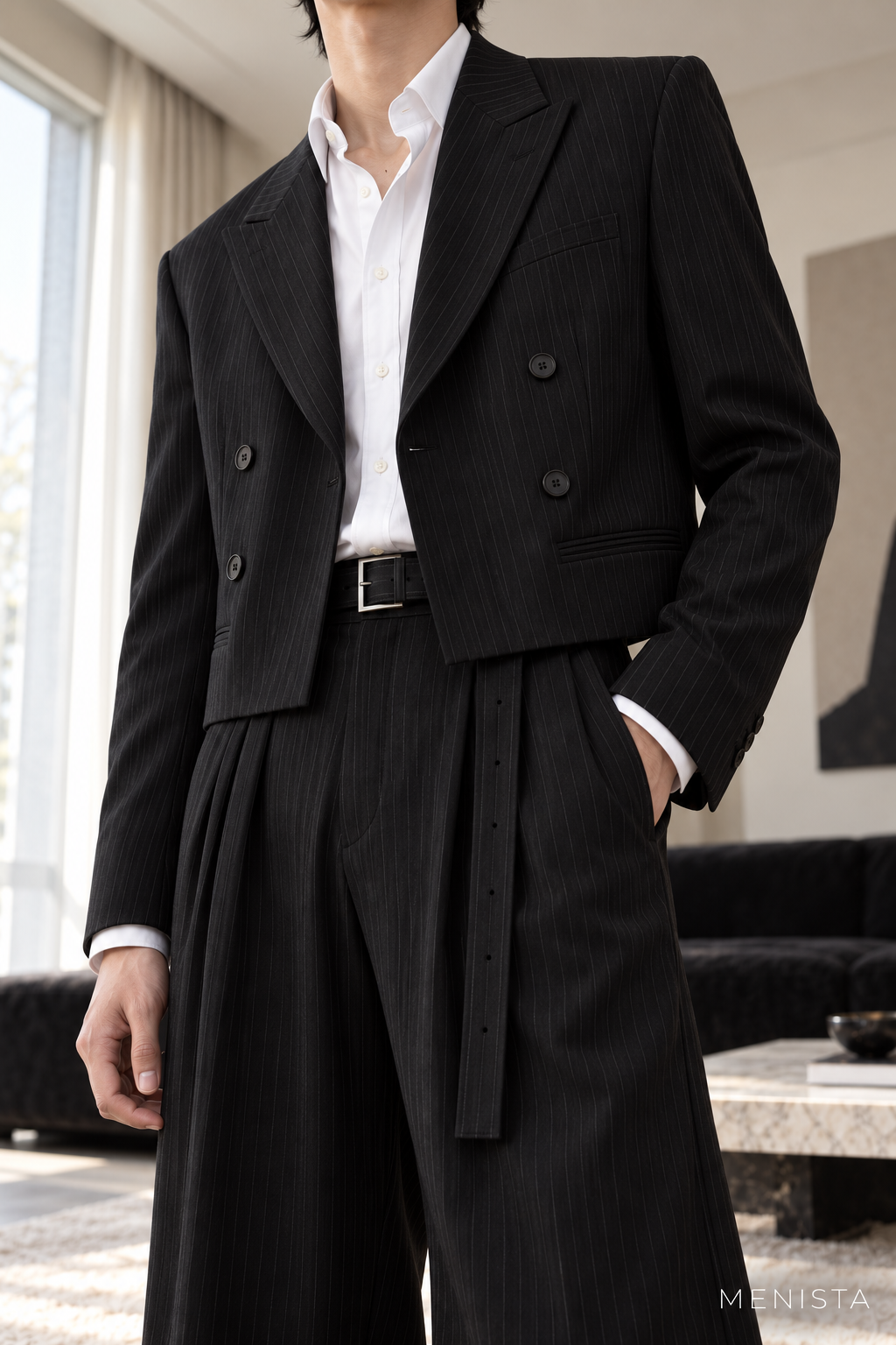 Jovian Black Pinstripe Cropped Double-Breasted 2PC Suit - garment close-up showing tailoring details