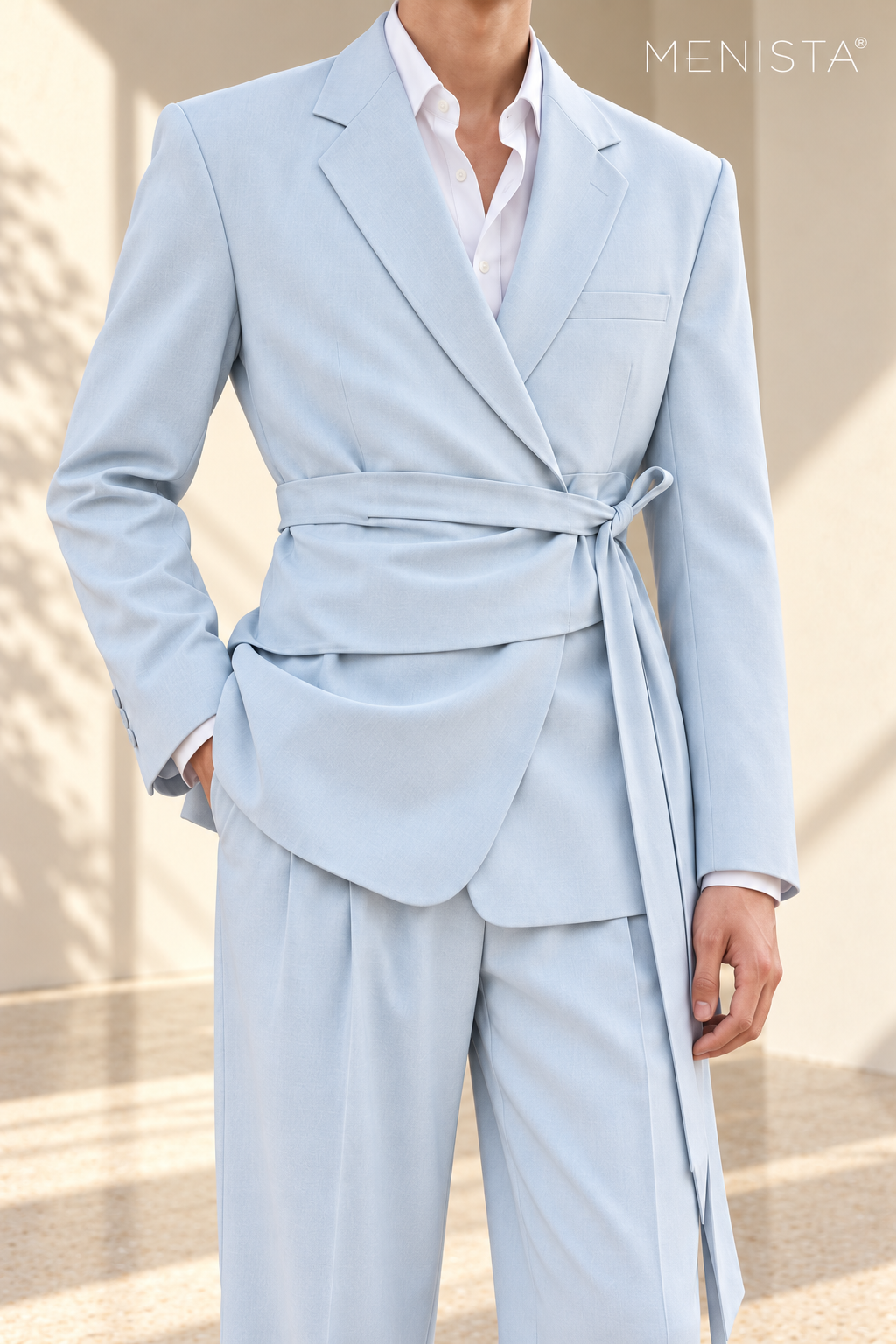 Zephyr Ice Blue Sash-Wrap 2PC Suit - garment close-up showing tailoring details