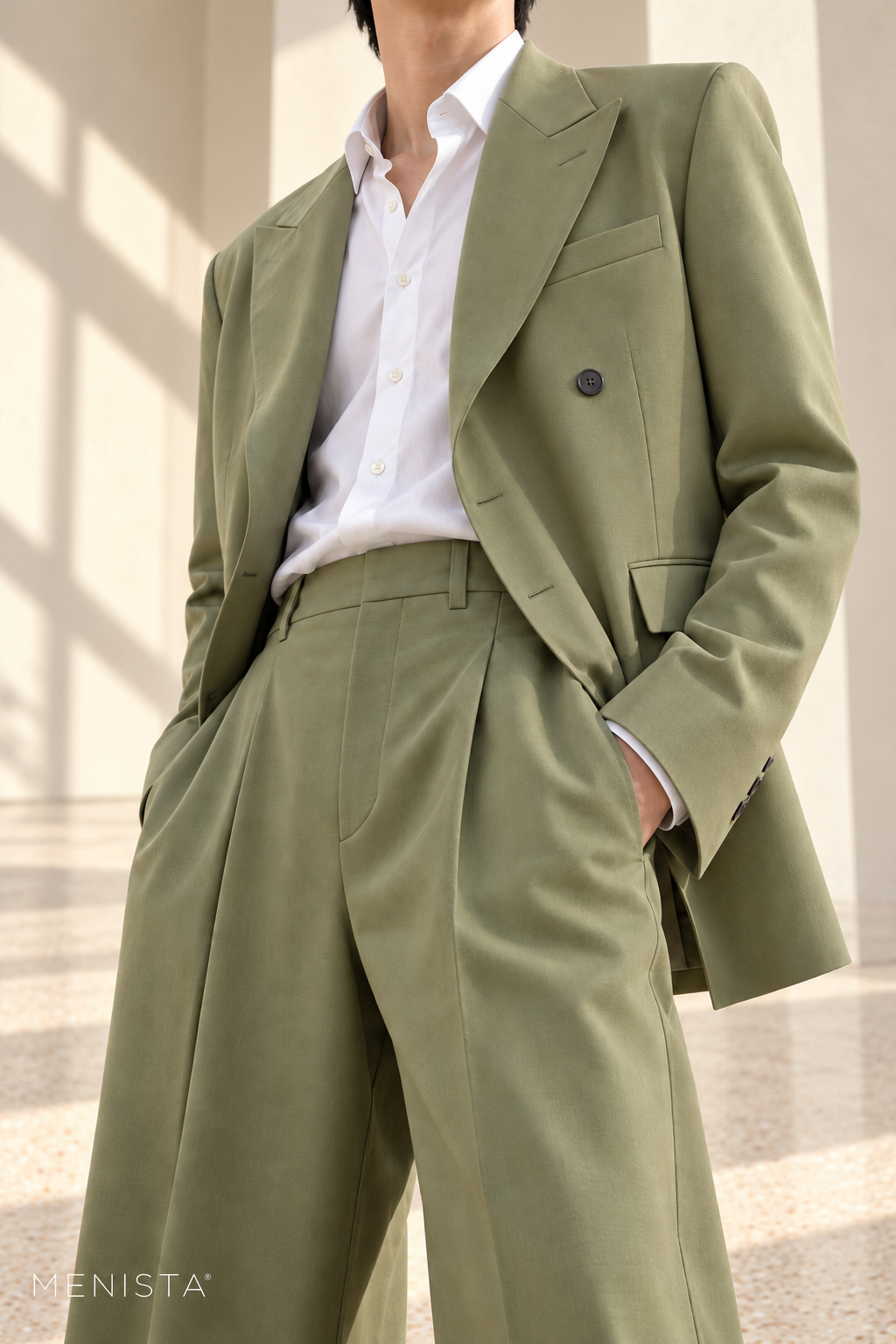 Iver Sage Green Relaxed Double-Breasted 2PC Suit - garment close-up showing tailoring details