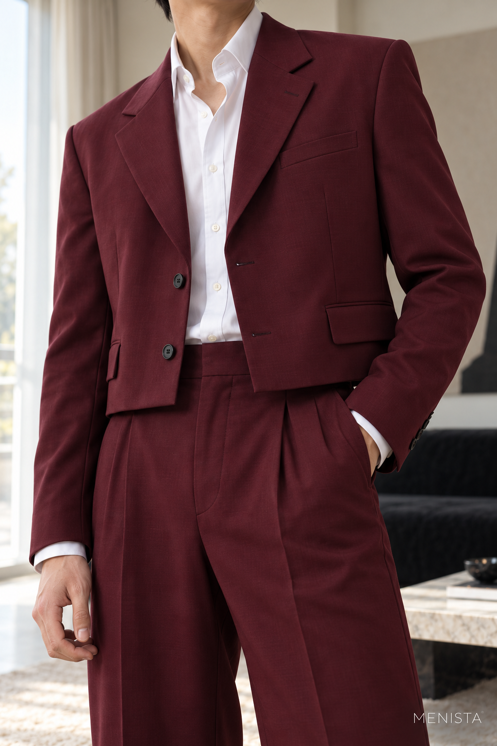 Leandro Burgundy Cropped Wide-Leg 2PC Suit - garment close-up showing tailoring details