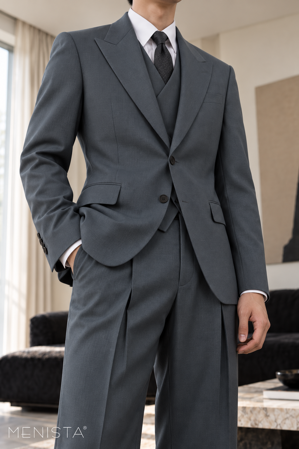 Theron Steel Grey Peak-Lapel 3PC Suit - garment close-up showing tailoring details