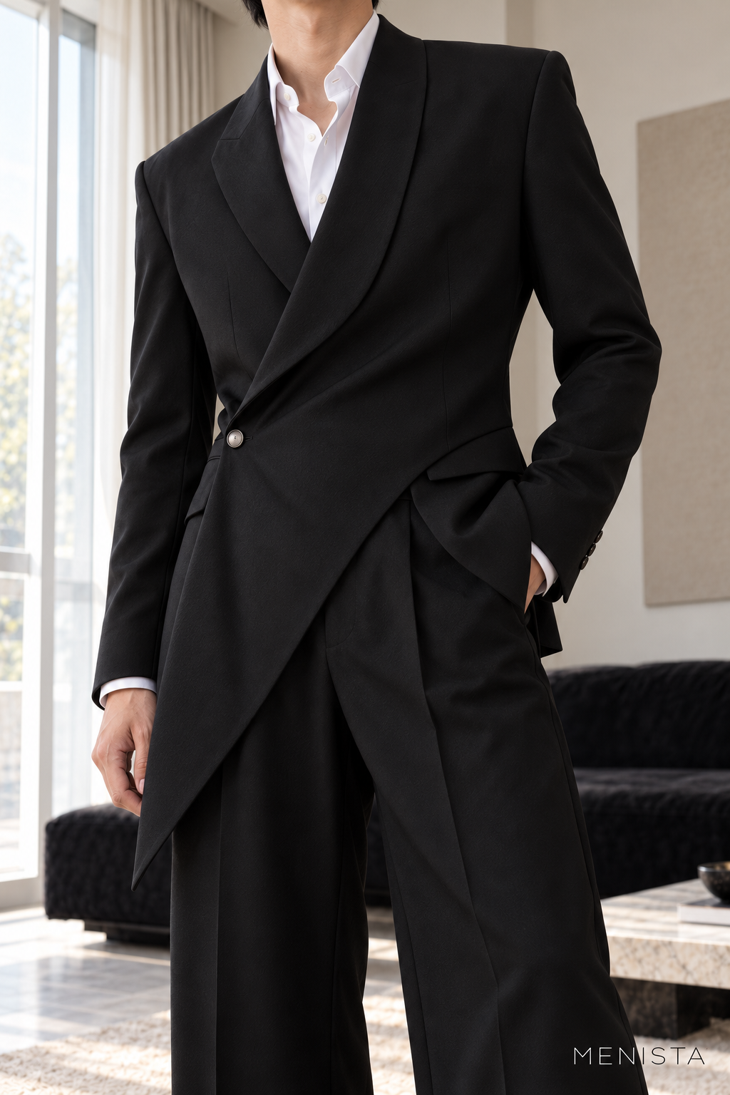 Darian Black Asymmetric Draped 2PC Suit - garment close-up showing tailoring details