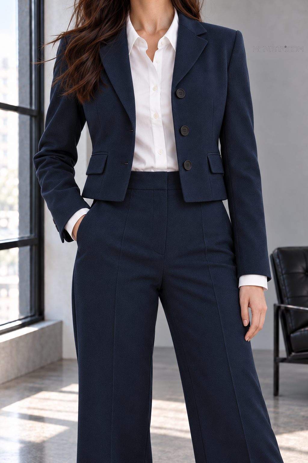 Close-up of Calista jacket lapels, fastening, fabric and seams.