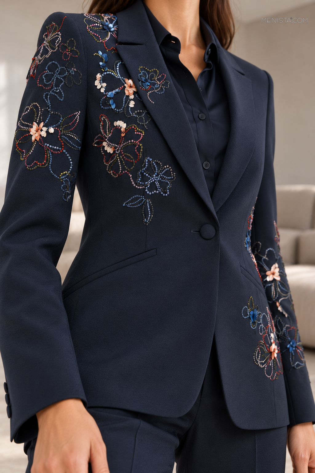 Nerelle Navy Floral Embroidered 2PC Suit - embroidery and jacket detail