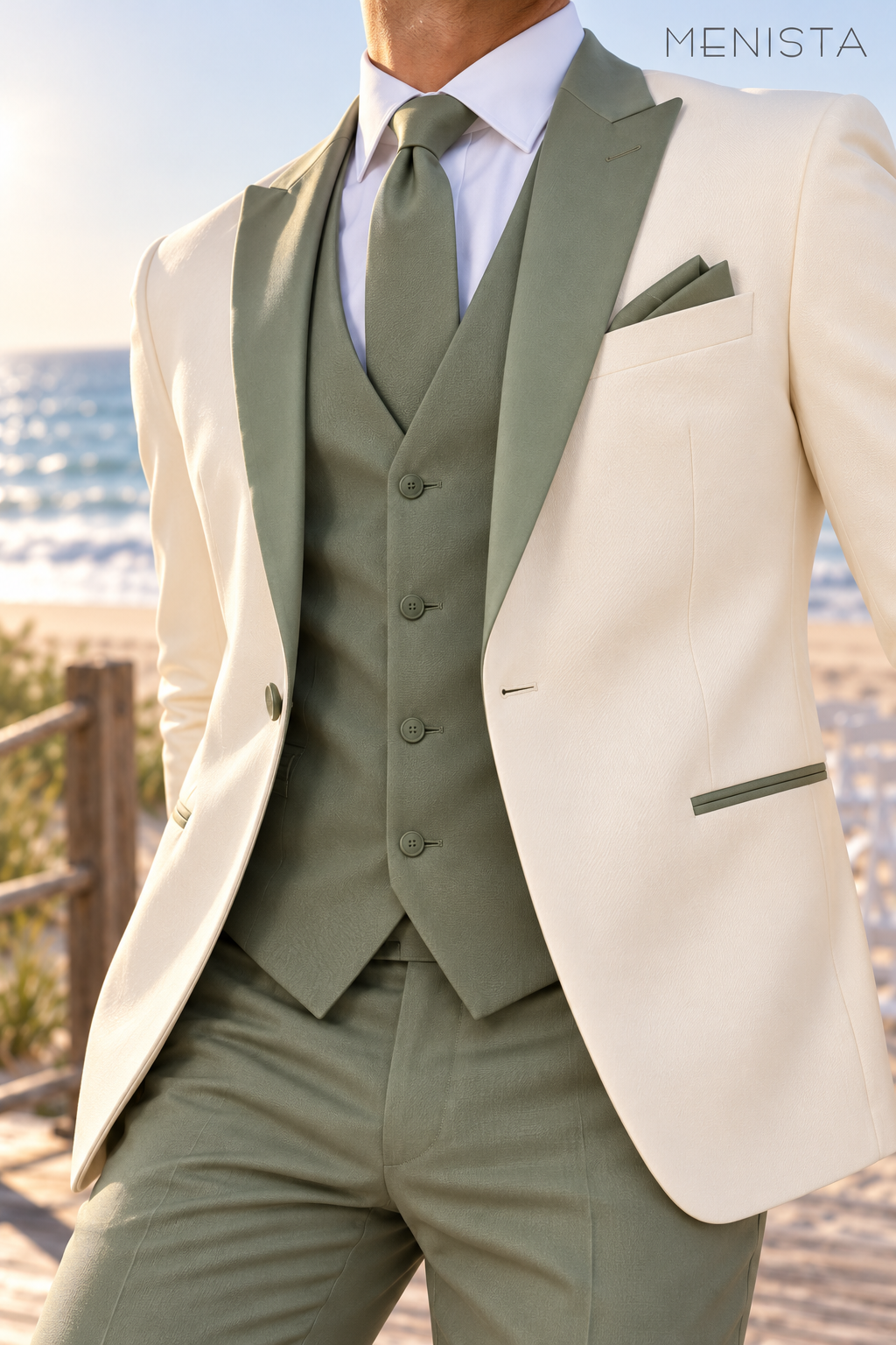 Close-up of ivory jacket, sage peak lapels, single jacket button and four-button sage waistcoat.