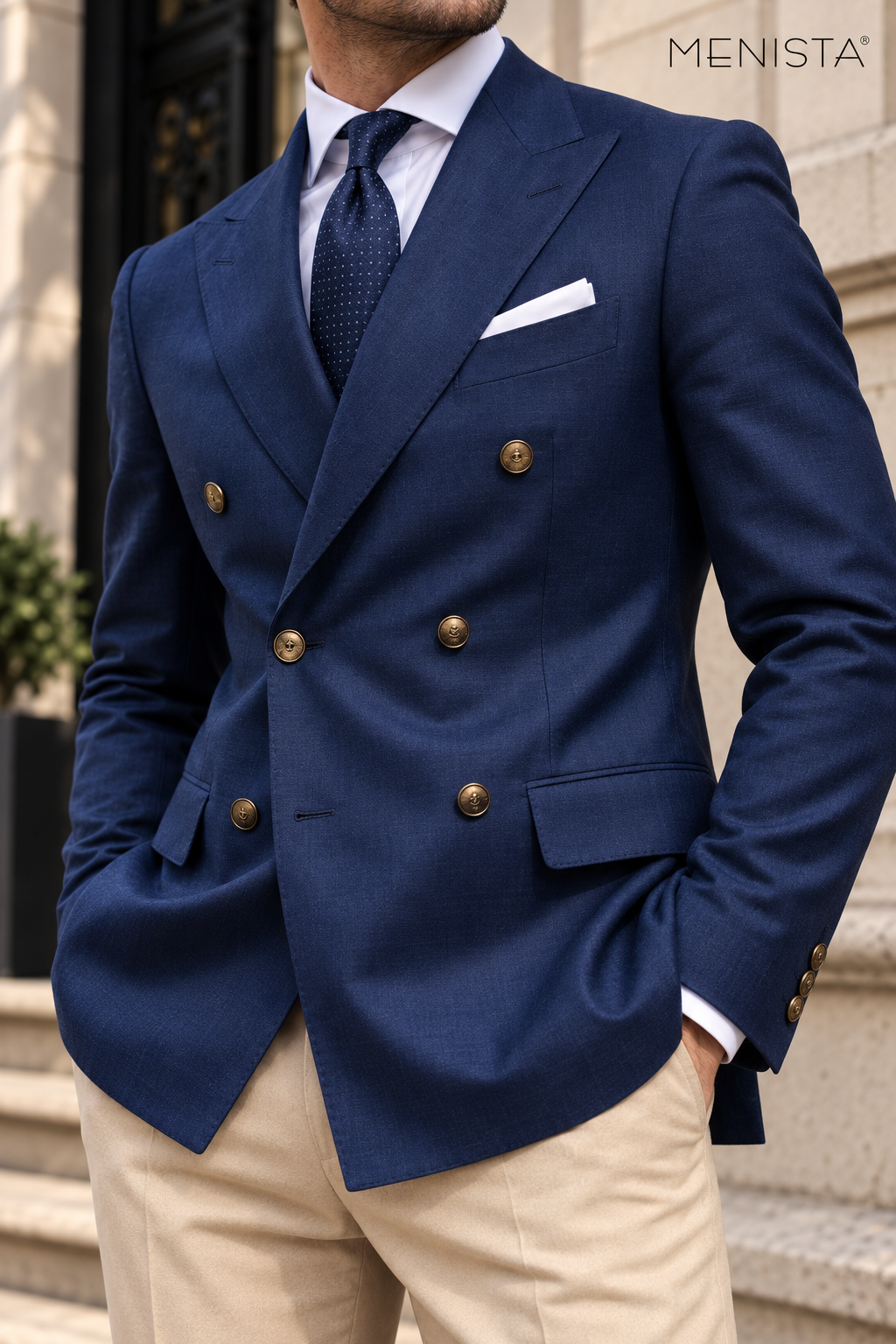 Close-up of navy woven lapels, six brass-toned front buttons, flap pockets and three cuff buttons.