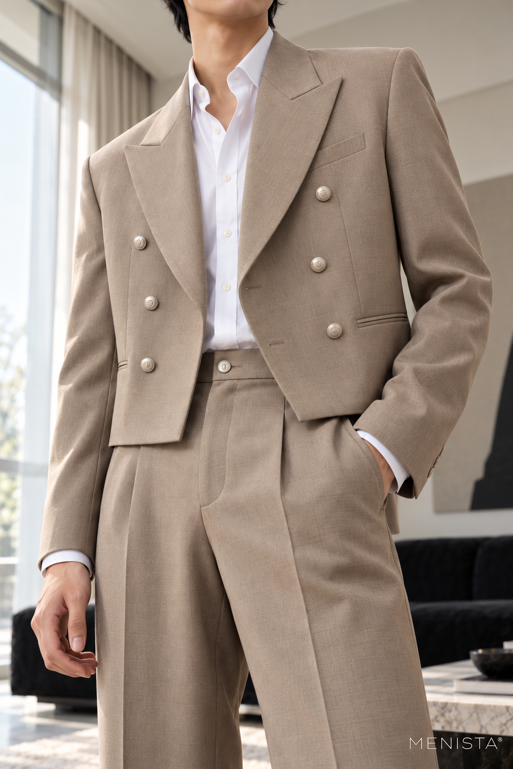 Emric Taupe Cropped Double-Breasted 2PC Suit - garment close-up showing tailoring details