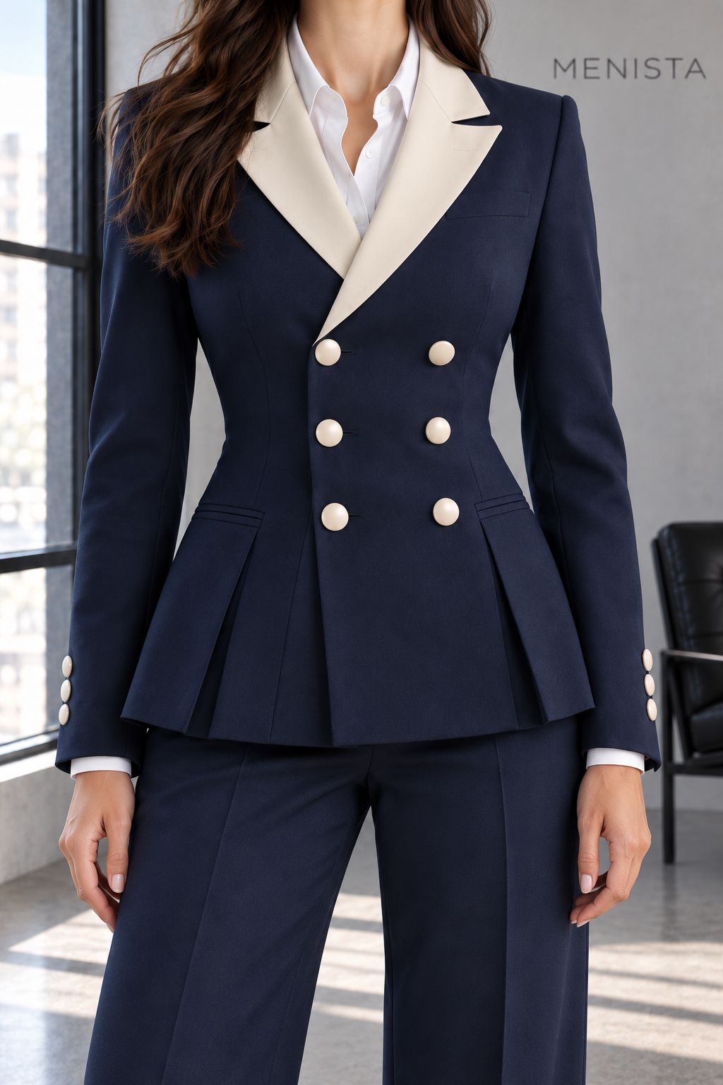 Close-up of Marielle jacket lapels, fastening, fabric and seams.