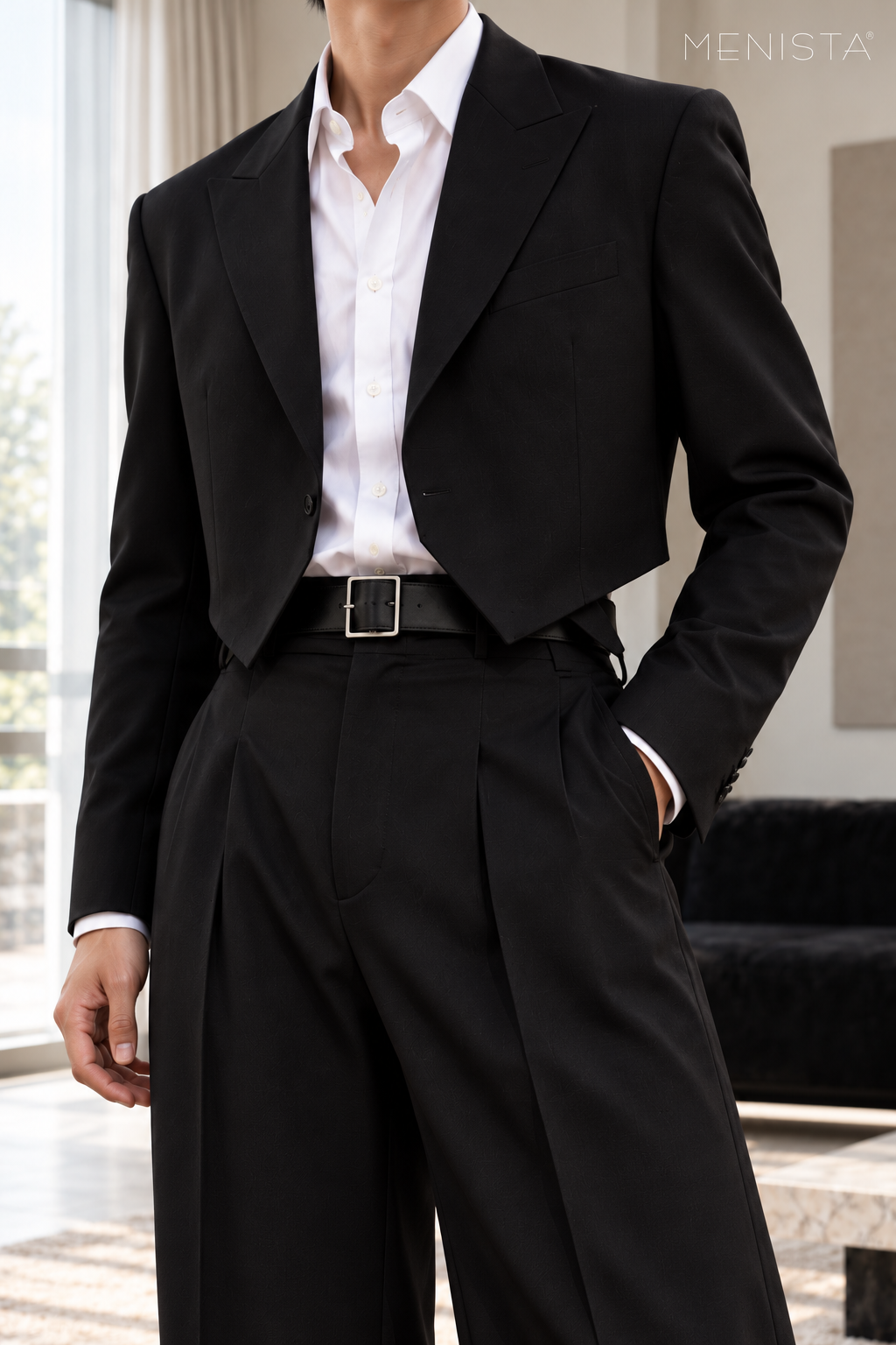 Avenor Black Angular Cropped 2PC Suit - garment close-up showing tailoring details